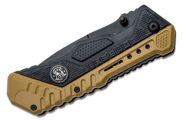 Smith & Wesson SWSA11 Assisted Folding Knife Black Plain Blade, Brown/Black Rubberized Aluminum Handles