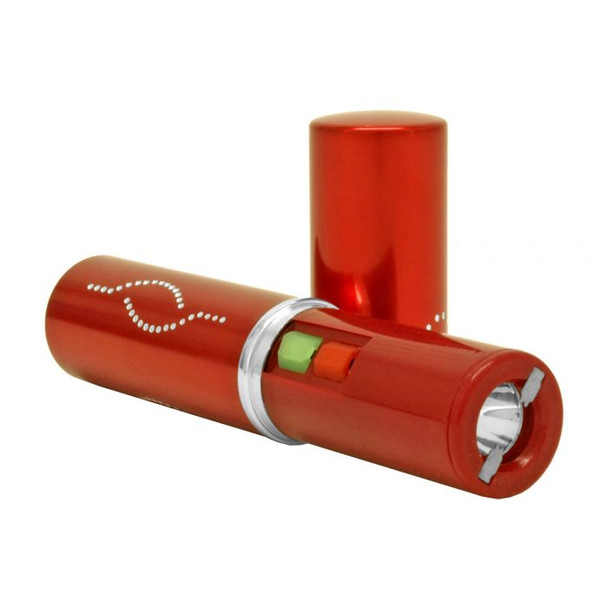 Metallic red Cheetah CH-18RD lipstick-style rechargeable stun gun opened to display hidden activation controls and integrated LED flashlight.