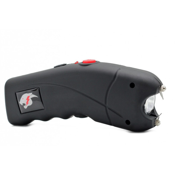 Cheetah Cyclone CH-23 rechargeable black stun gun with curved ergonomic grip, front contact prongs, and integrated LED flashlight.