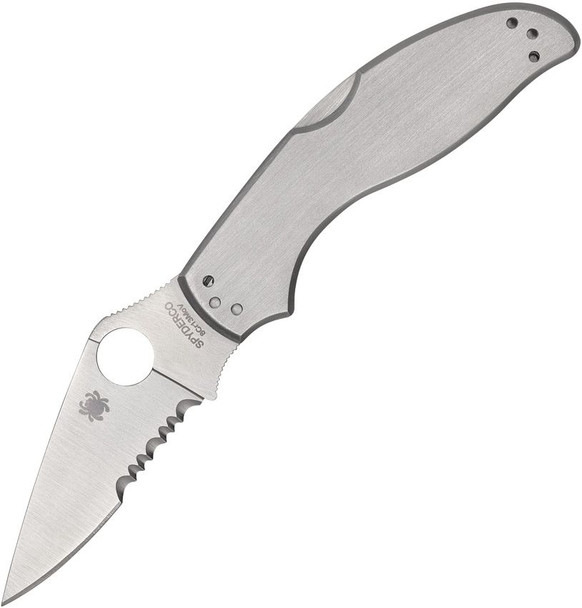 Spyderco UpTern Folding Knife - Satin Partial Serrated Blade, Stainless Steel Handles