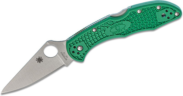 Spyderco Delica 4 Flat Ground VG10 Satin Plain Blade, Green FRN Handles