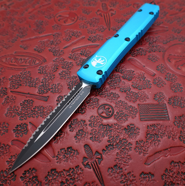 Microtech Ultratech OTF Automatic Turquoise Handle Double Edge Tactical Black Full Serrated OTF