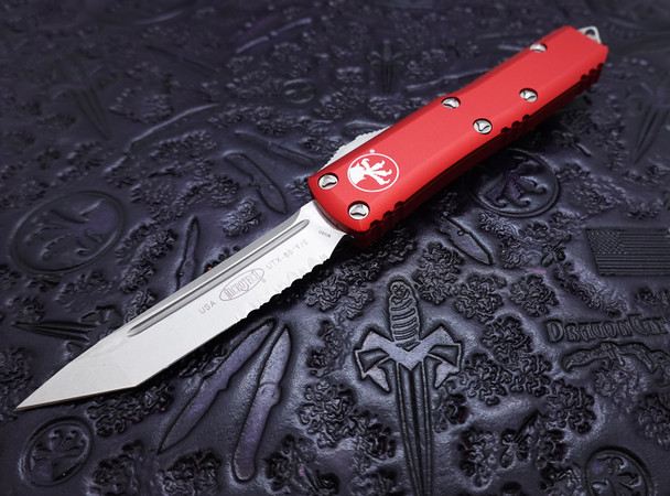 Microtech UTX-85 Red Stonewashed Tanto Serrated OTF Automatic