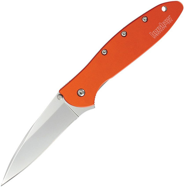 Kershaw Ken Onion Leek Assisted Flipper Knife Bead Blast Plain Blade, Orange Aluminum Handles