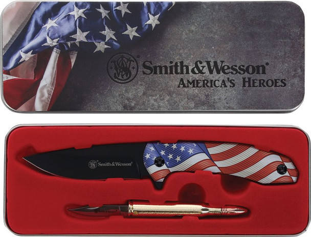 America Hero Combo Stars and Stripes Folder plus Bullet Folding pocket Knife Gift Set