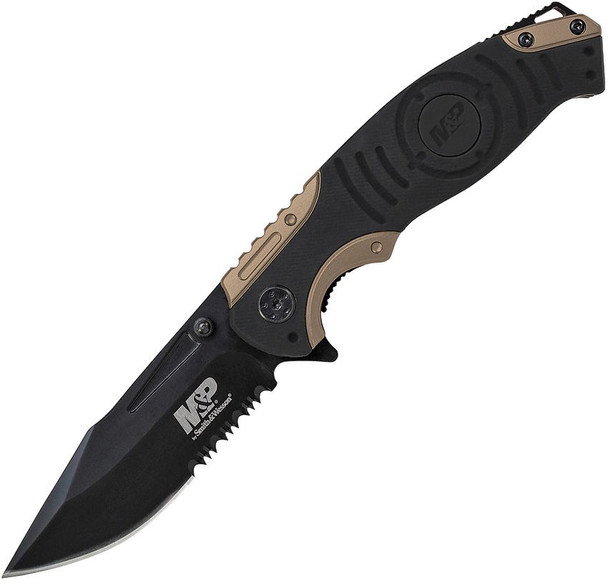 Smith & Wesson M&P SWMP13BSCP Folder Clam Liner Lock Drop Pt. Handle Knife, Black/Gold