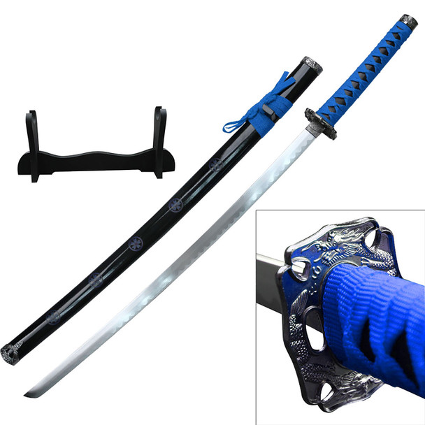 BladesUSA Samurai Sword with Blue Cord Wrapped Handle and Metal Tsuba, Includes Wood Display Stand