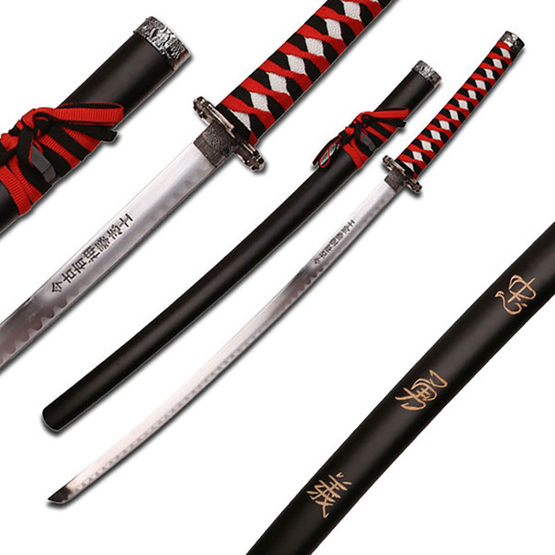 BladesUSA Samurai Sword with Black and Red Cord Wrapped Handle and Japanese Inscriptions, Black Wood Scabbard