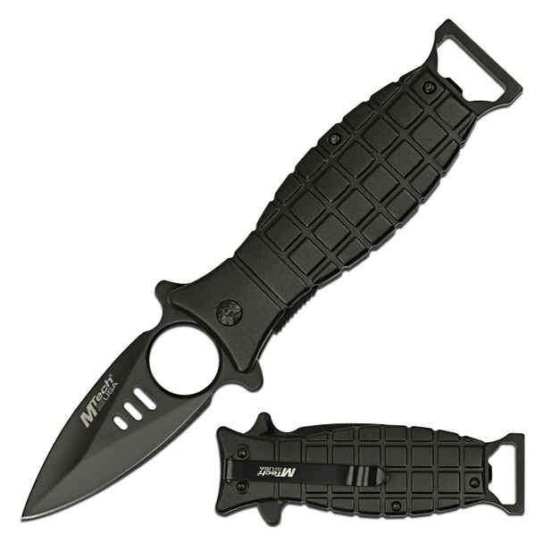 MTech USA Spring Assisted Black Aluminum Grenade Style Handle with Bottle Opener Pocket Knife