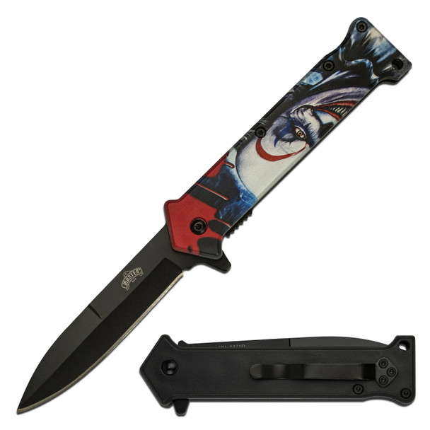 Master USA Spring Assisted Knife Clown Graphic Handle Black Blade