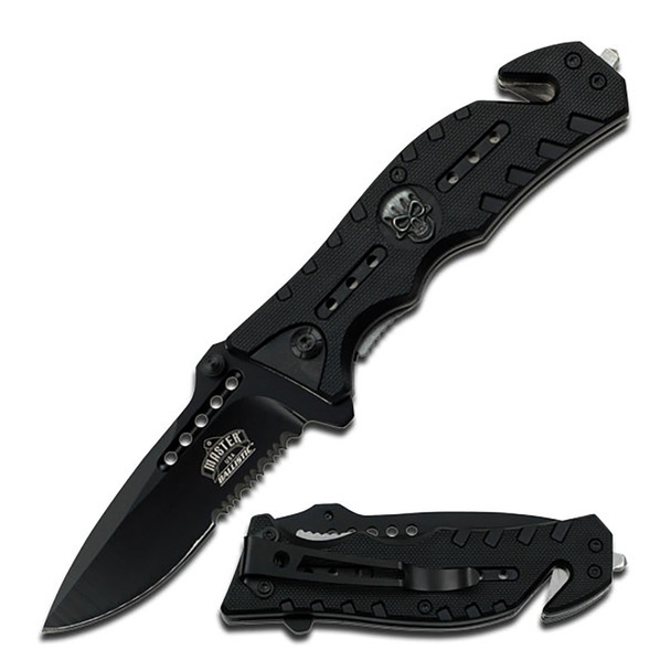 Master USA Spring Assisted Black G10 Skull Medallion  Handle Black Partial Serrated Blade