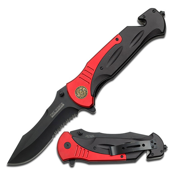Tac-Force Large Spring Assisted Fire Fighter Knife Partial Serrated Drop Point Blade