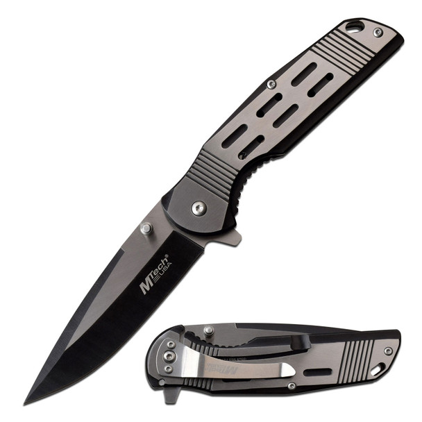MTech USA Spring Assisted Black and Silver Two Tone Dropt Point Standard Blade
