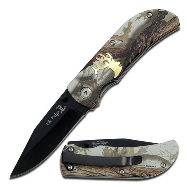 Elk Ridge Manual Folder Camo Brass Plated Elk Standard Drop Point