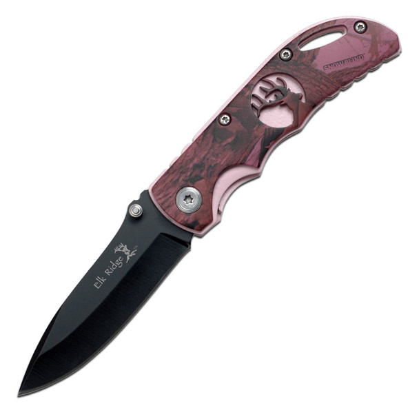 Elk Ridge Knife Manual Folding Pink Camo Elk Logo Black  Blade