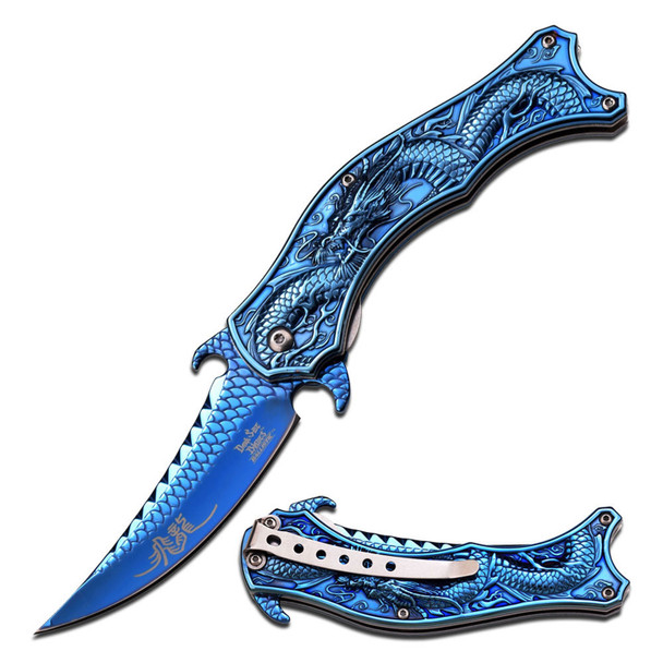 Dark Side Blades Spring Assisted Blue Ti Coated Dragon Mirror Blade