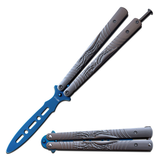 MTech USA Grey Handle Blue Dull Blade Spider Trainer Balisong Buterfly Knife