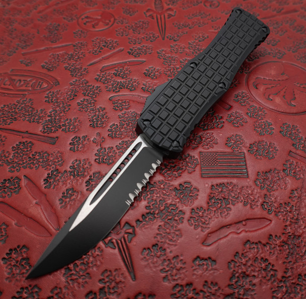 Microtech Signature Series Hera Tactical OTF Auto Knife  Black Drop Point Combo Blade, Black Frag Aluminum Handle