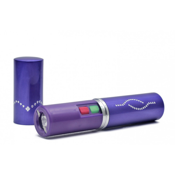 Metallic purple Cheetah CH-18PL lipstick-style rechargeable stun gun opened to display hidden activation controls and integrated LED flashlight.