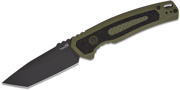 Kershaw Launch 16 Automatic Black Cerakote Tanto Plain Blade, Olive Aluminum Handles with Trac-Tec Inlays, Reversible Clip