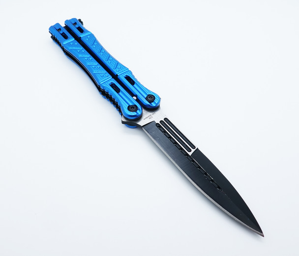 Tactical Spear Point Aluminum Handle Butterfly Knife - Blue