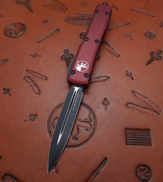 Microtech Ultratech Automatic OTF Knife Black Double Edge Dagger Blade, Merlot Aluminum Handle