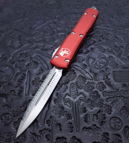Microtech Ultratech Automatic OTF Knife Stonewashed Plain/Serrated Double Edge Dagger Blade, Red Aluminum Handle