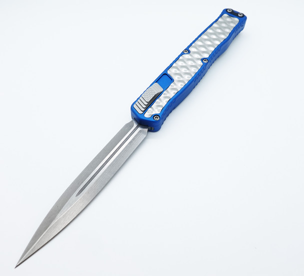 Heretic Knives Automatic OTF Cleric II D/E Blue Handle w/ Textured Metal Inlays Stonewash Blade