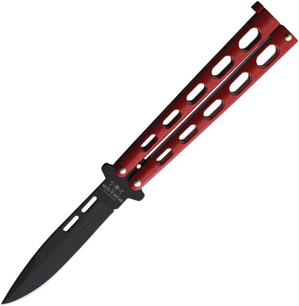 Bear and Son Butterfly Knife Red Zinc Handle Black Coated 1095 Drop Point