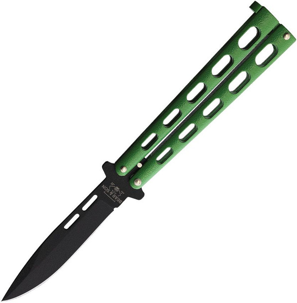 Bear and Son Butterfly Knife Green Zinc Handle Black Coated 1095 Drop Point