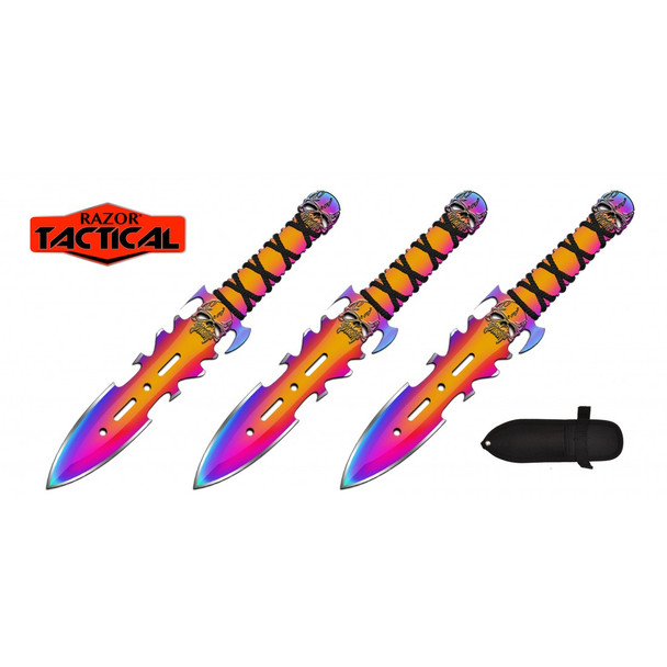 Razor Tactical Neo-Chrome Skull Head Dagger 3pc Throwing Knife Set