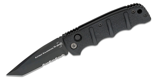 Boker Plus Automat Kalashnikov Automatic Folding Knife 3.35" D2 Black Tanto Partial Serrated Blade, Black Aluminum Handles