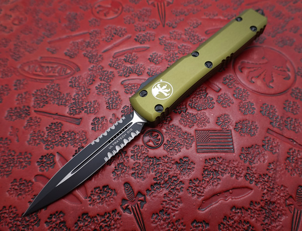 Microtech Ultratech Automatic OTF Black Double Combo Edge Dagger Blade, OD Green Aluminum Handle