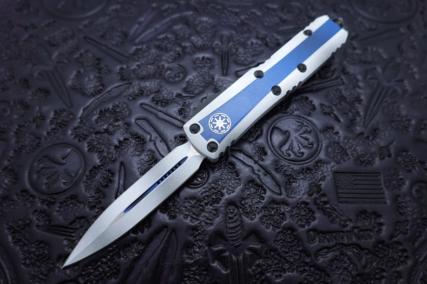 Microtech Clone Trooper UTX-85 Automatic OTF Knife White Double Edge Dagger Blade, Blue and White Aluminum Handle