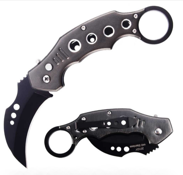 5" Closed Switch Blade Automatic Karambit Knife With Finger Ring - Grey