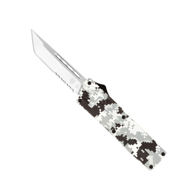 Cobratec Lightweight OTF Automatic Winter Digi Camo Tanto Serrated Blade