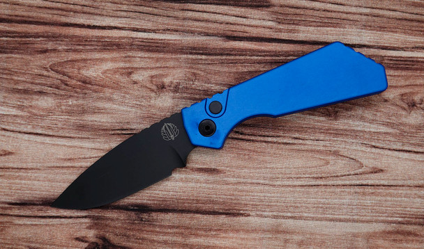 Pro-Tech Strider PT203-BLUE Automatic Knife – Black DLC Drop Point Blade with Blue Aluminum Handle