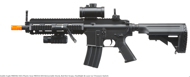 Double Eagle M804A2 AEG Plastic Gear MK416 RIS Retractable Stock, Red Dot Scope, Flashlight & Laser w/ Pressure Switch