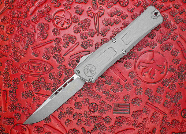 Microtech Combat Troodon Gen III Automatic OTF Apocalyptic Drop Point Blade, Natural Clear Deep Engraved Aluminum Handles