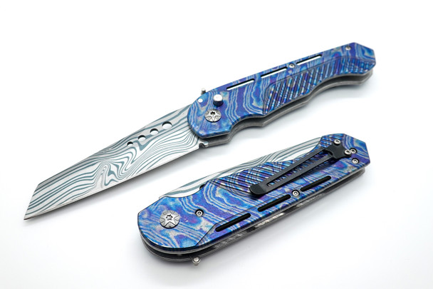 Armed Force Tactical Automatic Folder – Blue Ti Damascus Pattern Handle | Reverse Tanto Blade