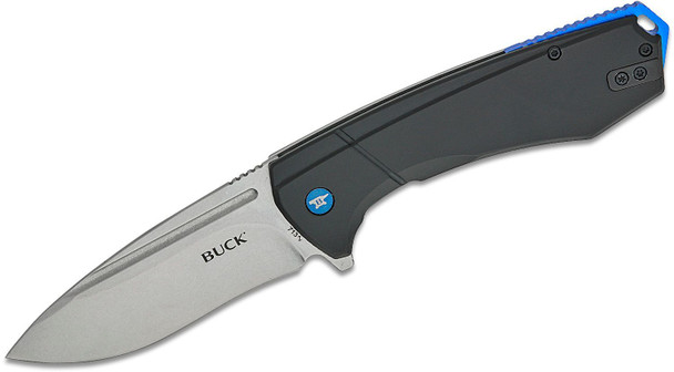 Buck Ruckus Frame Lock Flipper Knife – Stonewashed D2 Drop Point | Black Aluminum & Steel Handle With Blue Accents