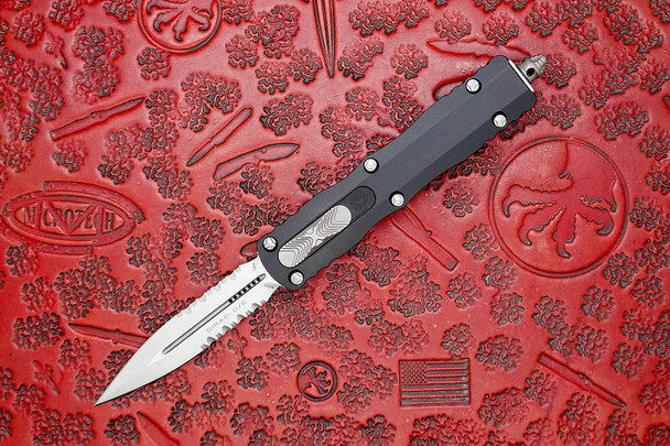 Microtech Dirac OTF Knife – Stonewashed Dagger, Double Combo Edge, Black Handle