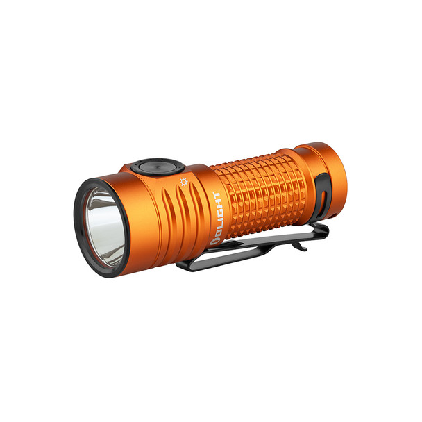 Image of the Olight Baton Turbo flashlight in orange, shown with knurled grip, recessed side switch, and a deep-carry two-way clip. Compact high-output flashlight designed for long-range illumination.