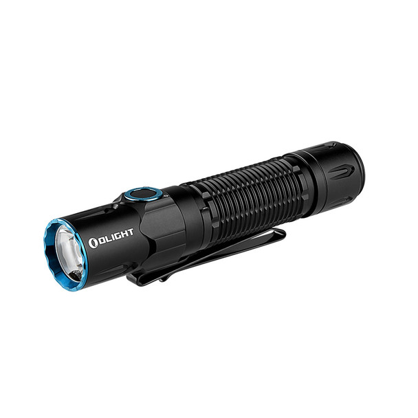 Black Olight Warrior 3S tactical flashlight shown angled to highlight blue bezel, side switch, and textured body; designed for EDC and tactical use.