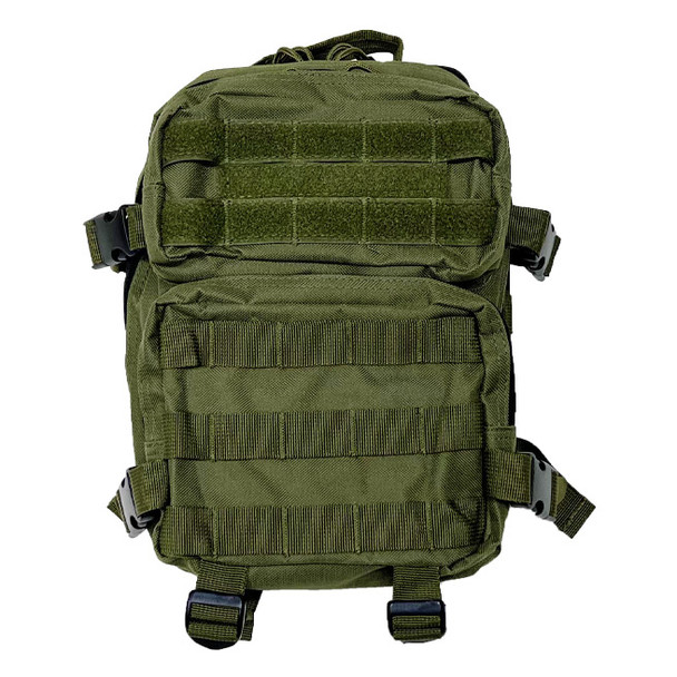 OD green tactical backpack with MOLLE webbing, hook-and-loop patch area, compression straps, and padded shoulder harness. Shown from multiple angles including front, side, and laid-flat views.