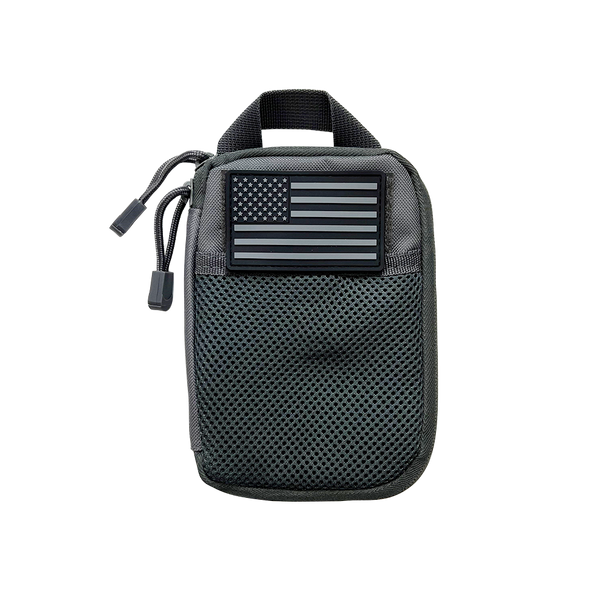 Front view of Vism Urban Gray Utility Pouch with subdued U.S. flag patch and mesh pocket