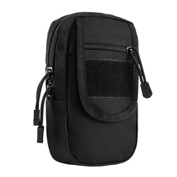 Angled front view of the Vism Large Utility Pouch in Black, showing zippered compartments, hook-and-loop panel, and MOLLE strap system