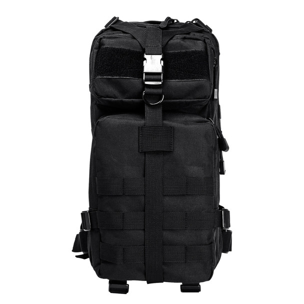 Front view of Vism Small Tactical Backpack in Black with MOLLE webbing and compact design