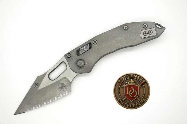 Microtech Marfione Select Manual Stitch RAM LOK knife, titanium handle with apocalyptic finish, full serrated M390MK blade, model 169RL-12APMS1.