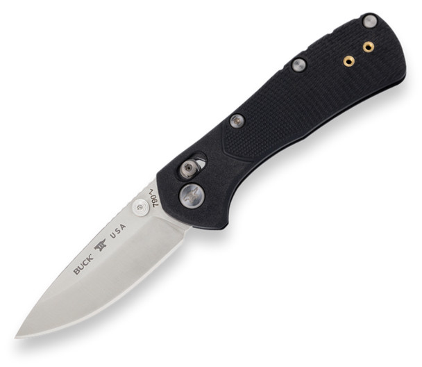 Open view of the Buck 0790 Mini Range Pro Folding Knife showing satin 154CM blade and black GFN handle.